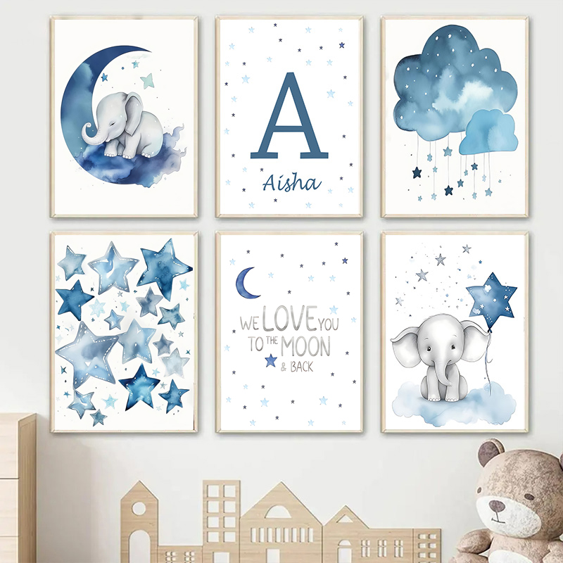 Baby Name Wall Art - Mavi ay ve yıldız bebek adı