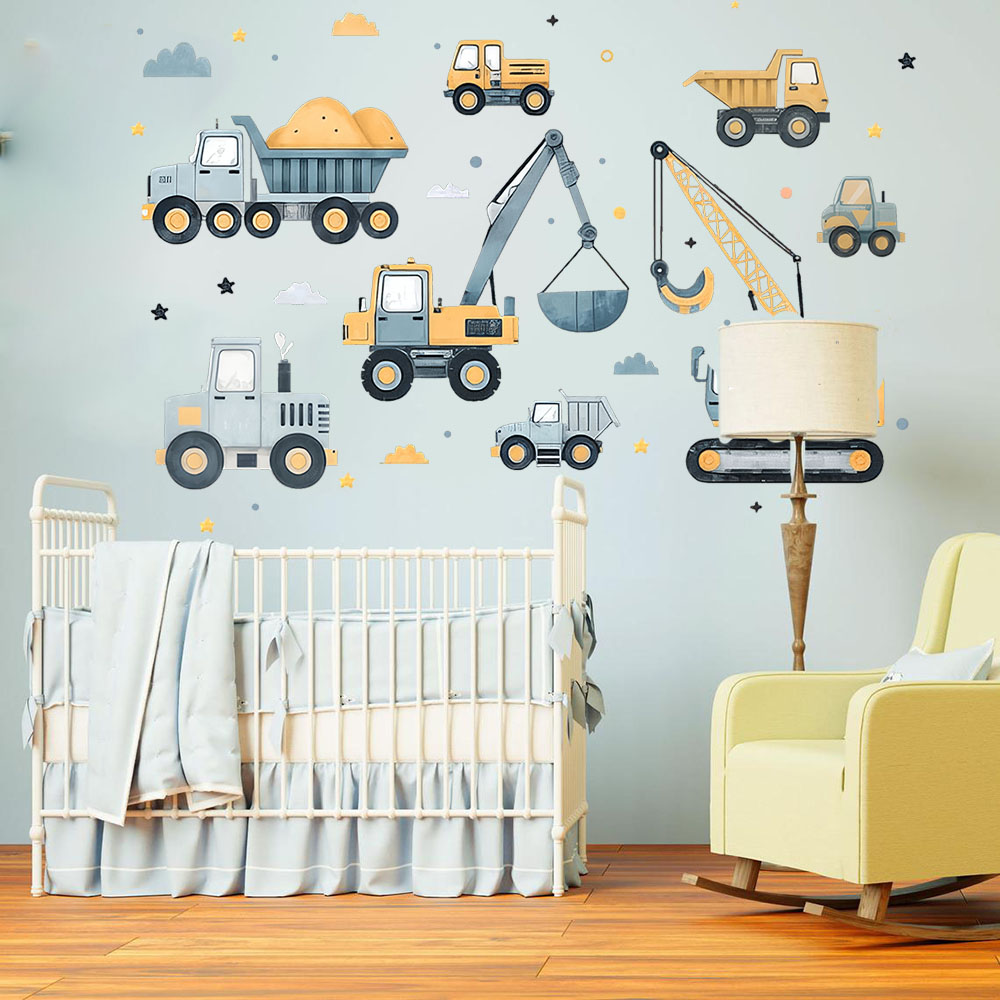 Baby Nursery Wall Mural - Karikatür Ekskavatör Araçlar Set Araba Duvar