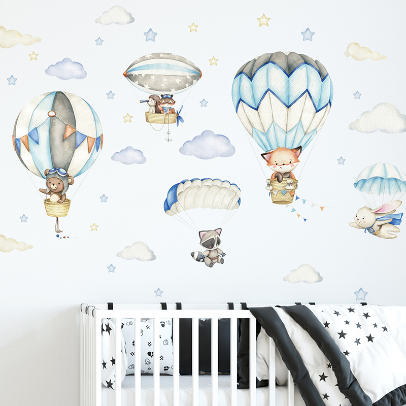 Baby Nursery Wall Mural - Karikatür Sevimli Hayvanlar Sıcak Hava Balonu