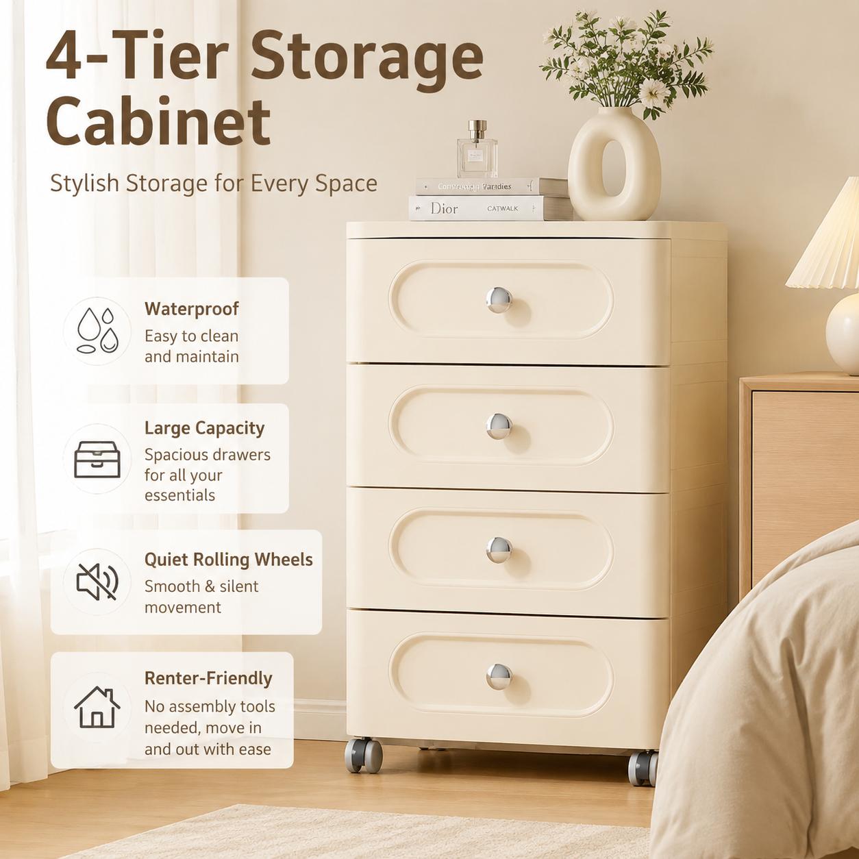 Baby Nursery Organizer - 4 Çekmeceli Dikdörtgen Tekerlekli Saklama Dolabı-Raf