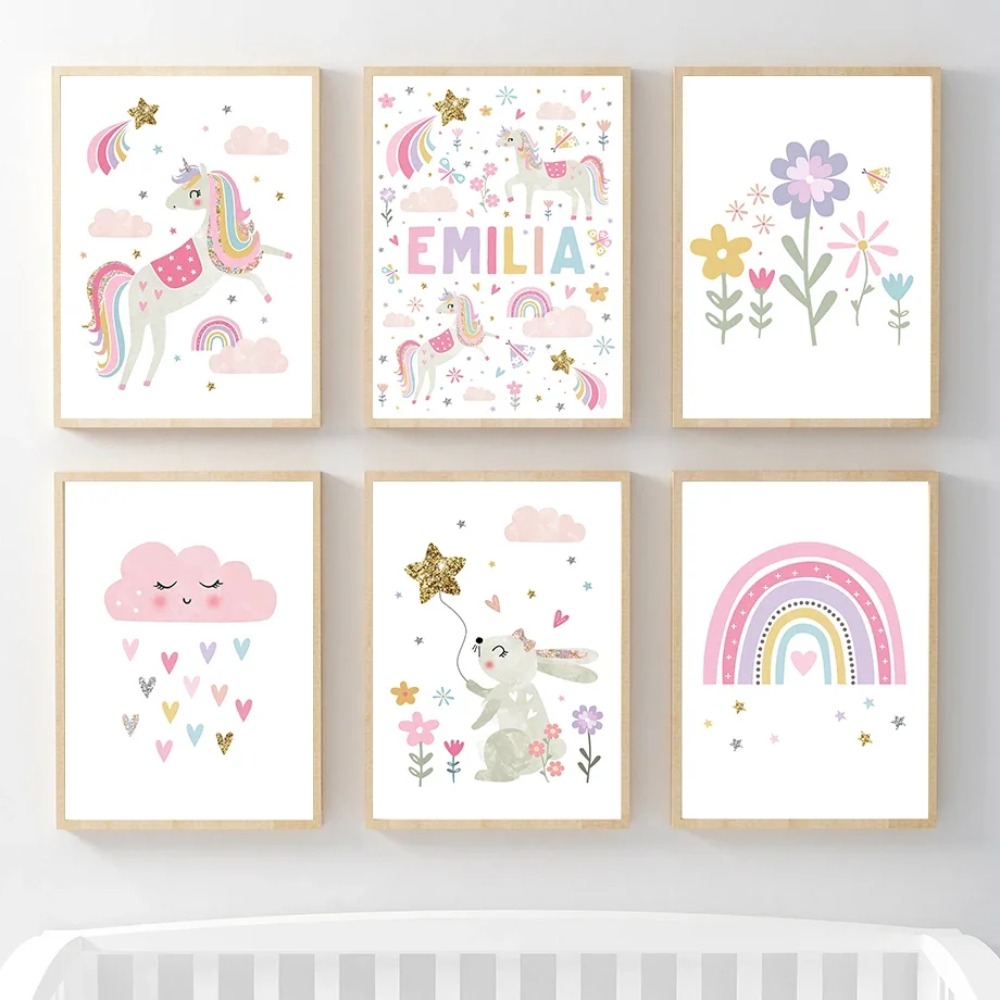 Baby Name Wall Art - Pembe Unicorn Tavşan Gökkuşağı Bulut Çiçek