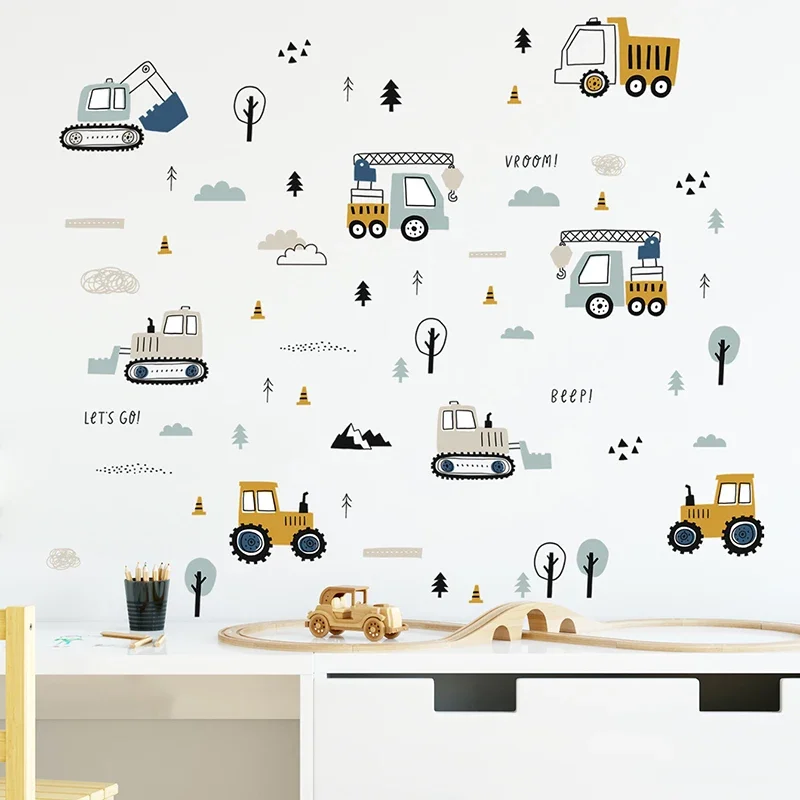 Baby Nursery Wall Mural - Elle Çizilmiş Sevimli Arabalar Kargo Kamyon