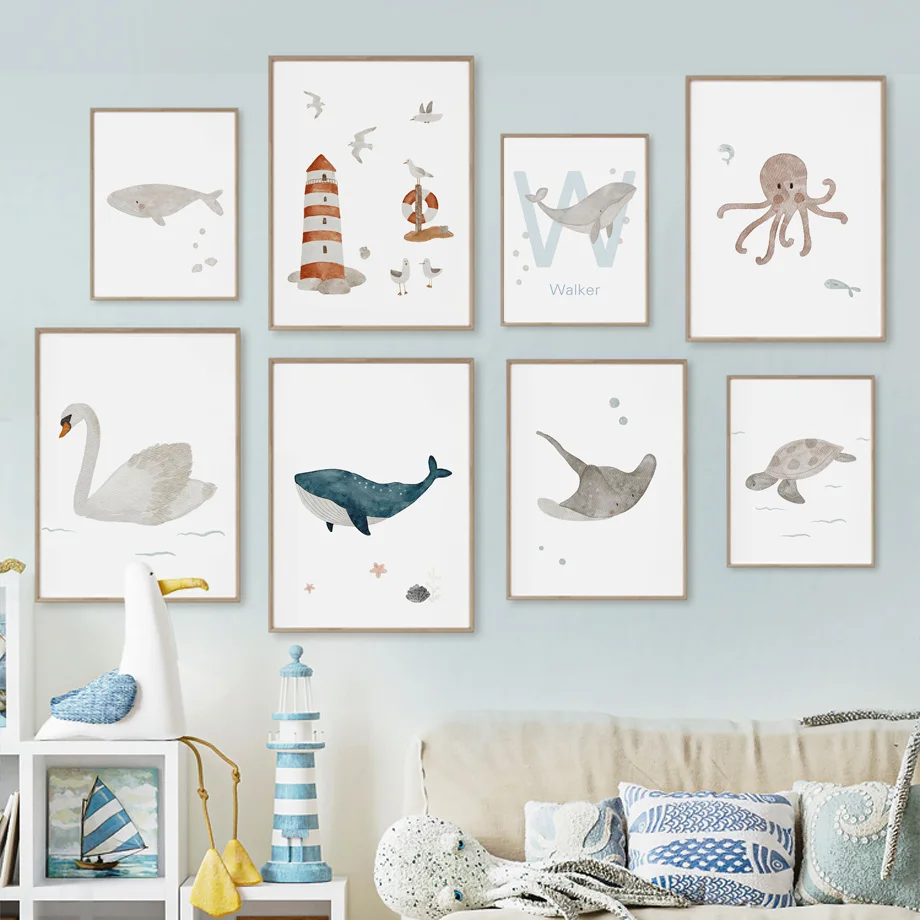 Baby Name Wall Art - Özel Ad Balina Ahtapot Kaplumbağa Kuğu