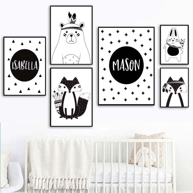 Siyah Beyaz Karikatür Ayı Tavş - Baby Name Wall Art incelemesi ve fiyatı