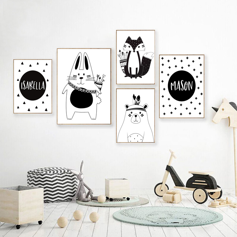 Siyah Beyaz Karikatür Ayı Tavş - Baby Name Wall Art incelemesi ve fiyatı