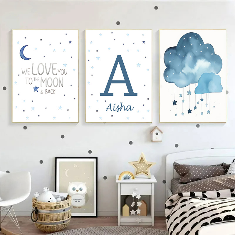 Mavi ay ve yıldız bebek adı öz - Baby Name Wall Art incelemesi ve fiyatı