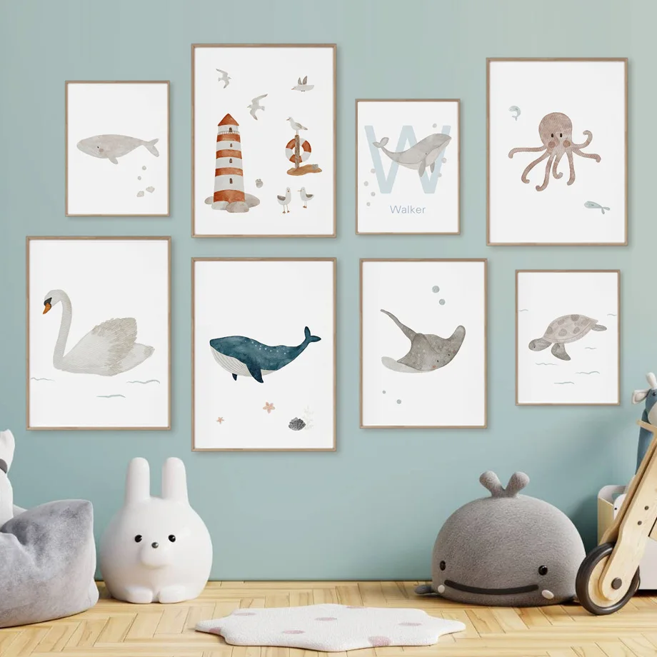 Özel Ad Balina Ahtapot Kaplumb - Baby Name Wall Art incelemesi ve fiyatı